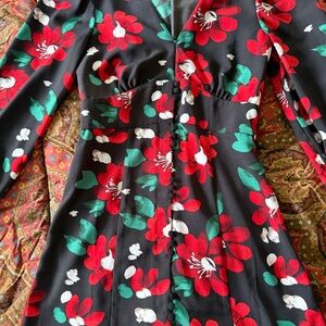 Urban Outfitters Black V-Neck Long Sleeve Dress with Red & Green Floral Print